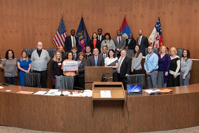 City of Detroit Declaration to recognize May as Brain Tumor Awareness Month May 7, 2019 resolved by City Council President Brenda Jones and seconded by City Council President Pro Tem Mary Mary Sheffield.  Attended by HFHS HBTC Physicians, Staff, Patients and Caregivers.  Pictured with the Detroit City Council in Chambers