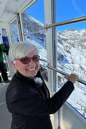 Marge riding a gondola over the mountains