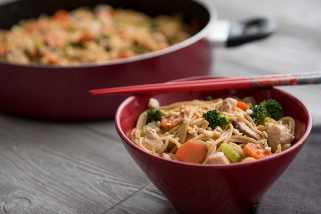 chicken and peanut lo mein horizontal with pan 1024x684