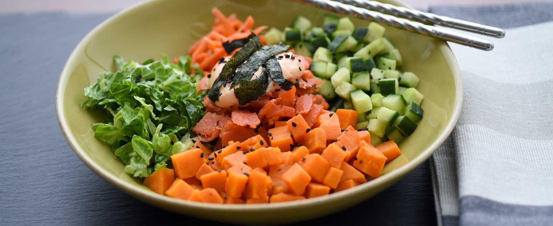 smoked salmon and sweet potato sushi bowl