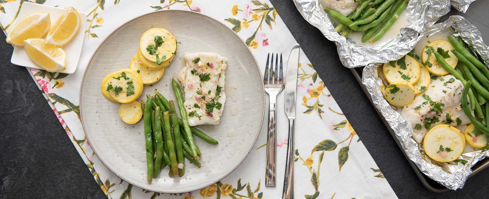Foil-Baked Lemon Cod With Squash & Green Beans Recipe Video
