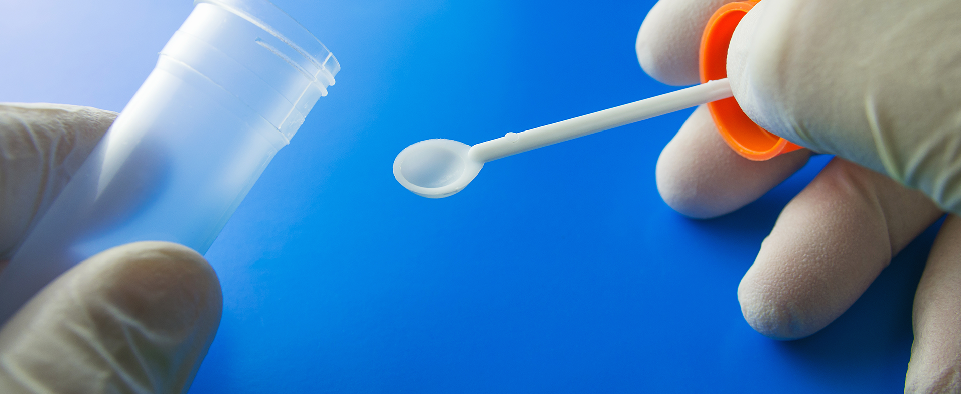 Close-up image of two gloved hands on a blue background holding a clear stool sample collection container. stool collection container