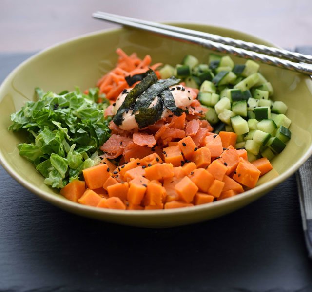 smoked salmon and sweet potato sushi bowl