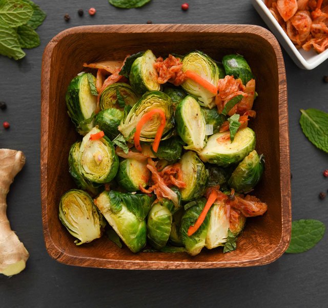 Ginger Brussels Sprouts with Kimchi