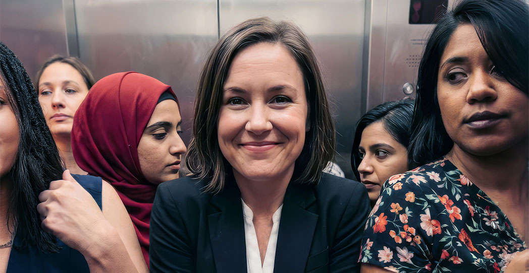 Diverse group of women riding in elevator