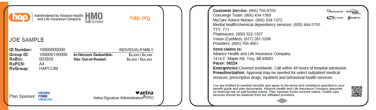 Sample of front and back of HAP HMO Insurance Card