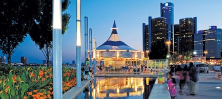 A view of the Detroit Riverwalk at night