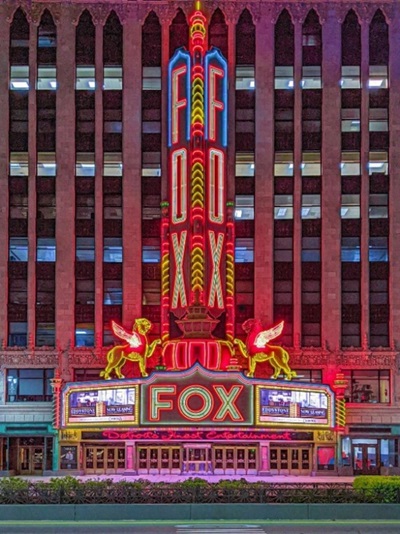 Front view of the Fox Theatre and the marquee sign