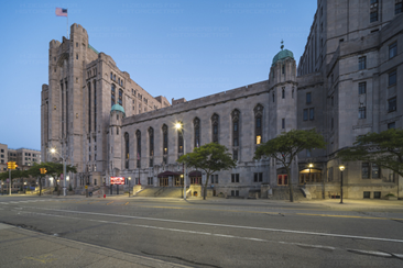 An exterior view of Masonic Temple at night