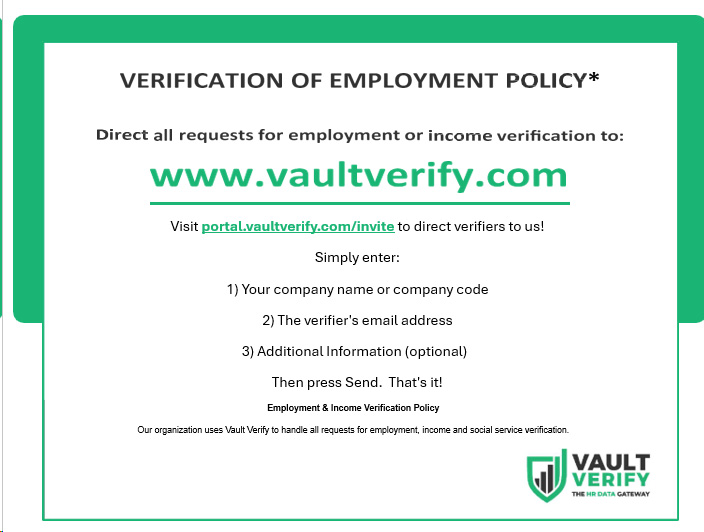 Direct all requests for employment or income verification to Vault Verify website