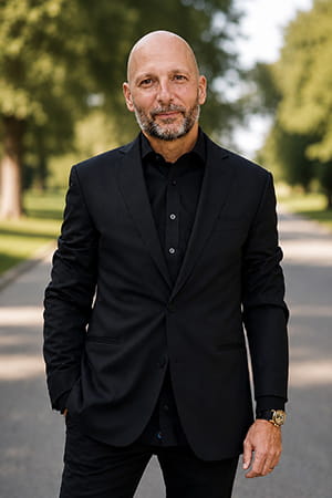 colorectal cancer patient james posed in a black suit