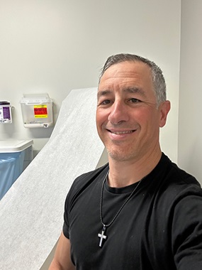 Dusty at a clinic, determined to beat his pancreatic cancer