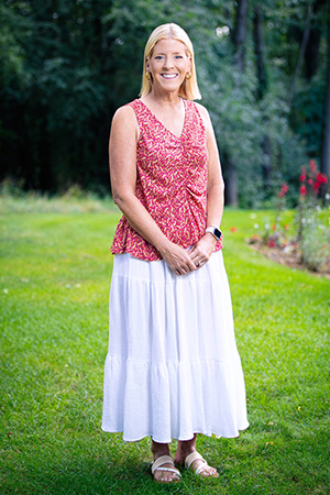 Atrial fibrillation patient Karen posed outdoors