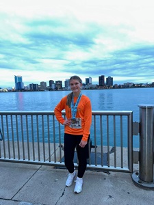 Molly Cornwell after run with Windsor skyline in background.